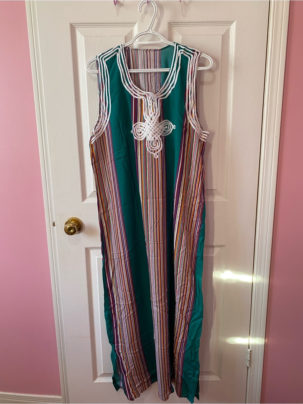 Women Sleeveless Teal Stripe Maxi Dress with Embroidered Moroccan Gandoura